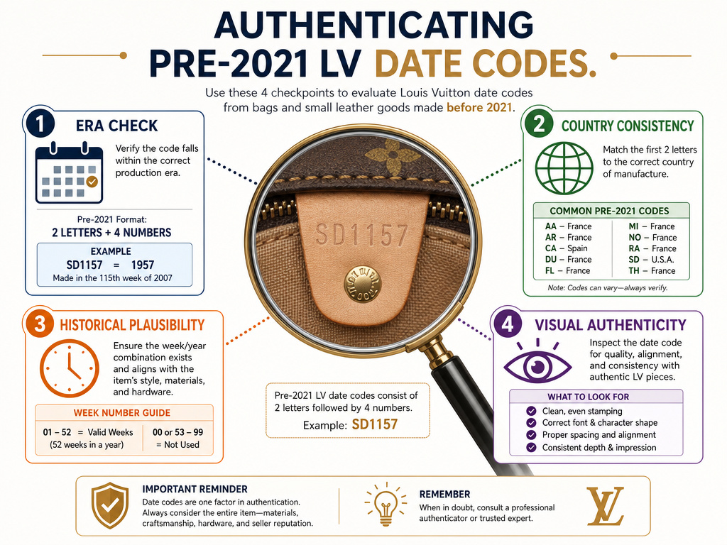 Infographic checklist for authenticating vintage Louis Vuitton date codes