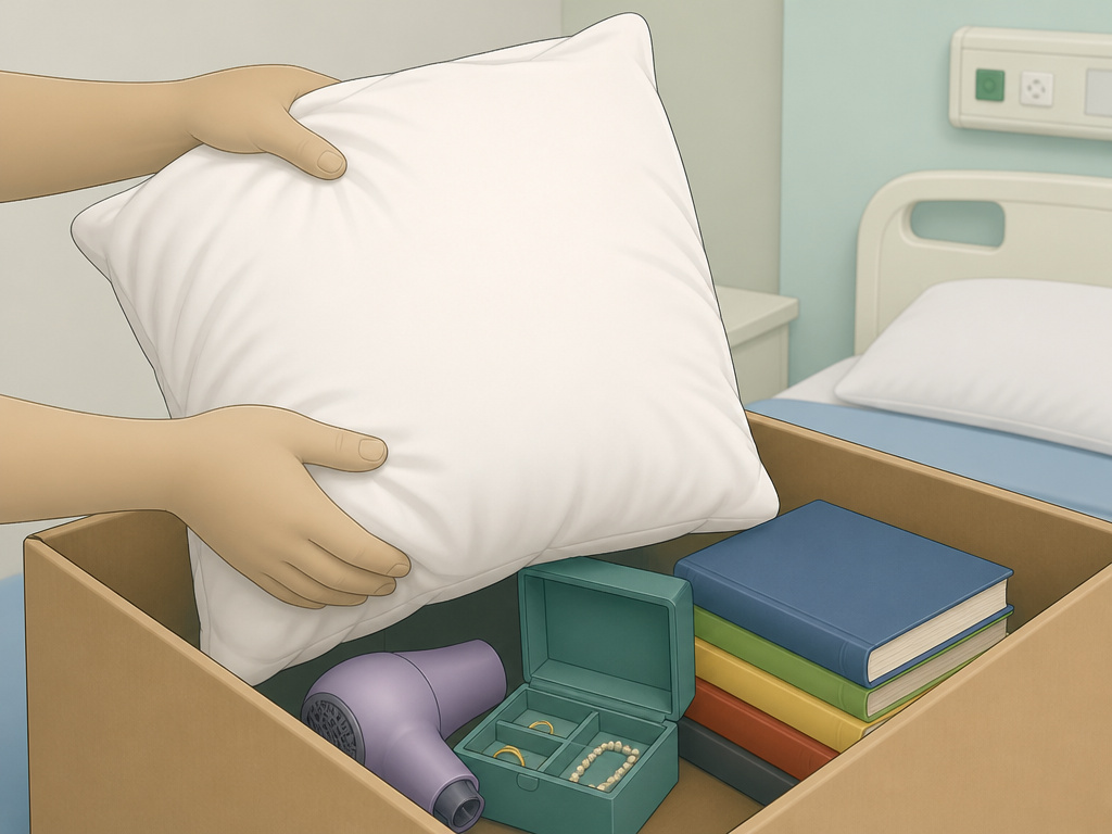 Items to leave out of a hospital bag, like a white pillow and hairdryer.