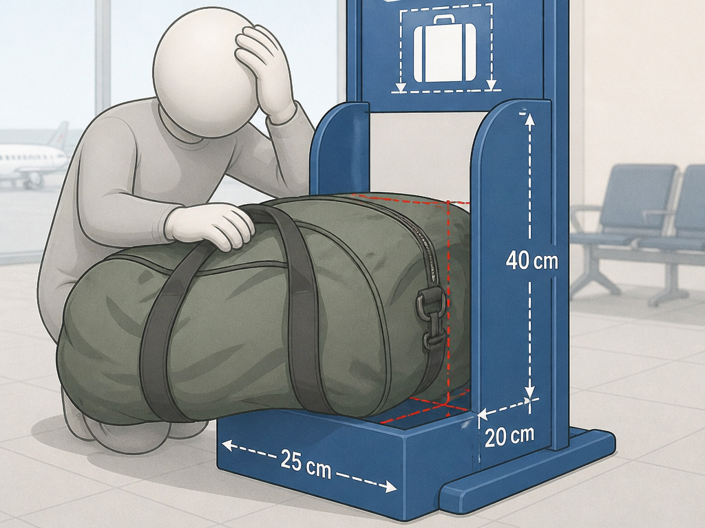 Oversized duffel bag failing to fit strict European airline carry-on size limits.