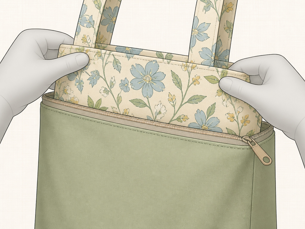Assembling a zippered tote bag by tucking outer shell into lining