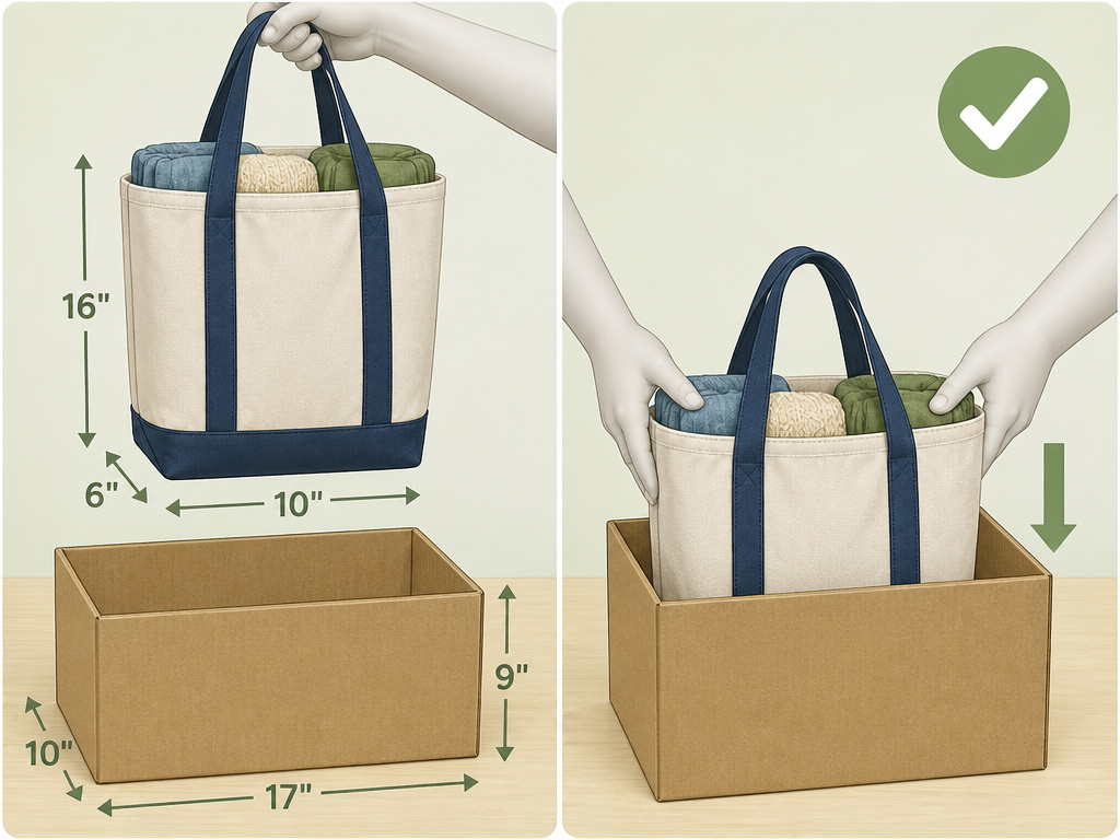 Cartoon diagram testing tote bag dimensions in an airline sizer box.