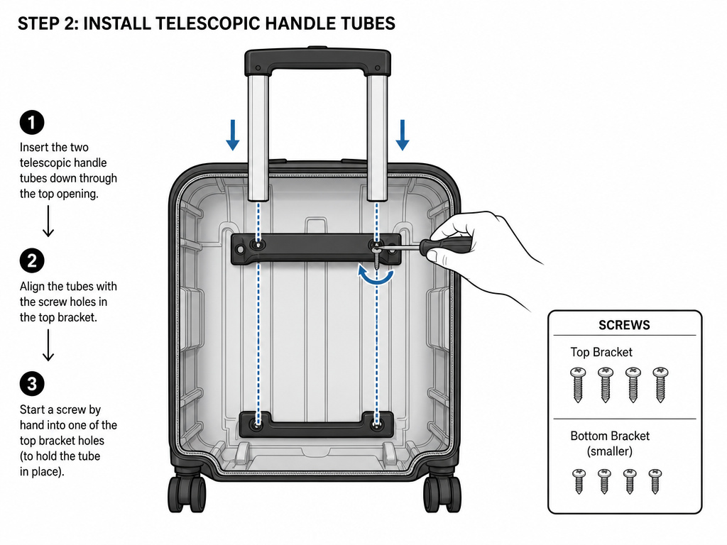 Diagram of installing a new telescopic handle into a suitcase shell