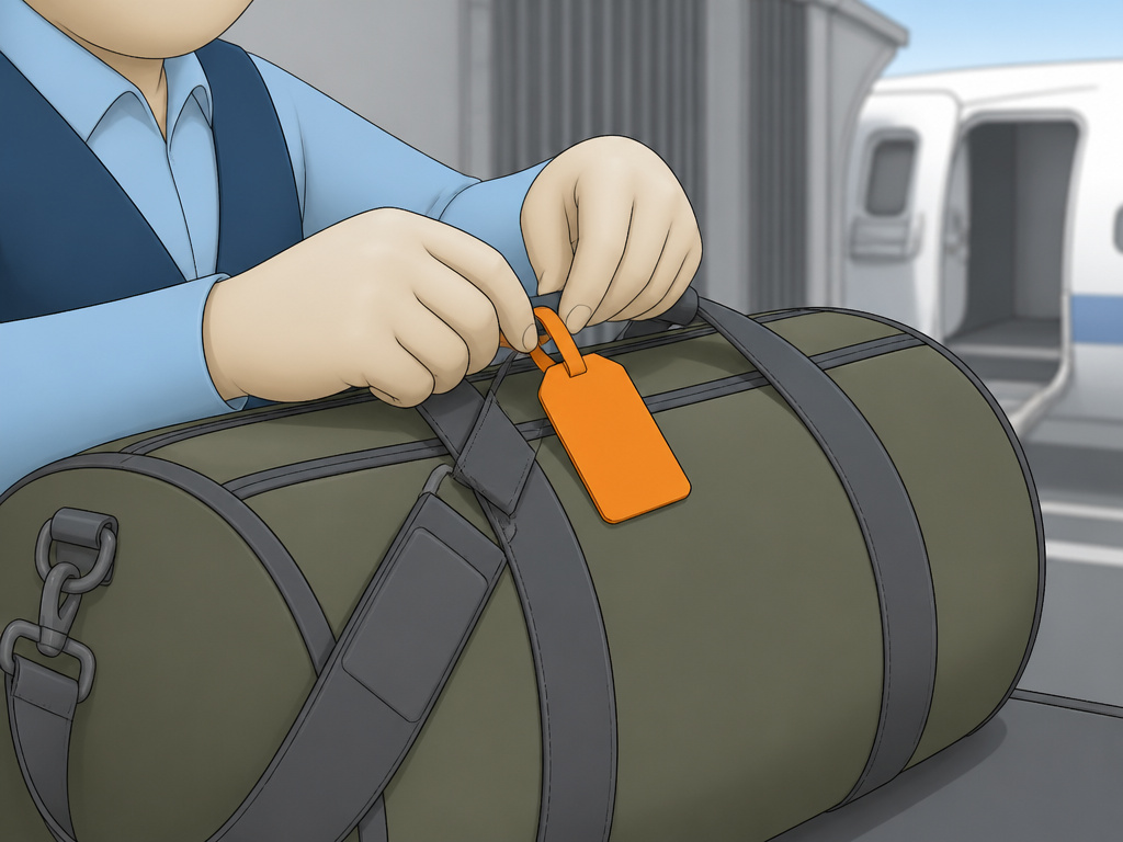 Gate agent tagging a bulky duffel bag for mandatory gate-check at the airplane.