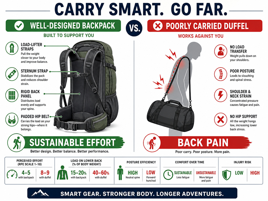 Infographic comparing features of a proper hiking backpack versus a duffel bag.