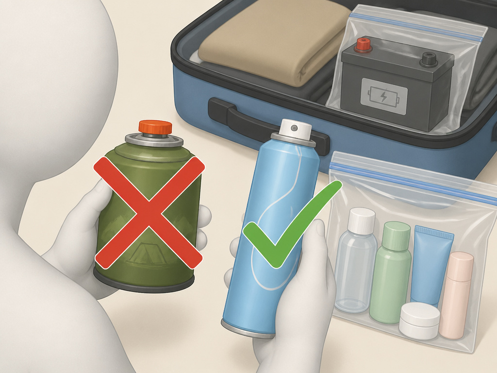 Prohibited camping fuel and allowed travel aerosols in carry-on luggage comparison.