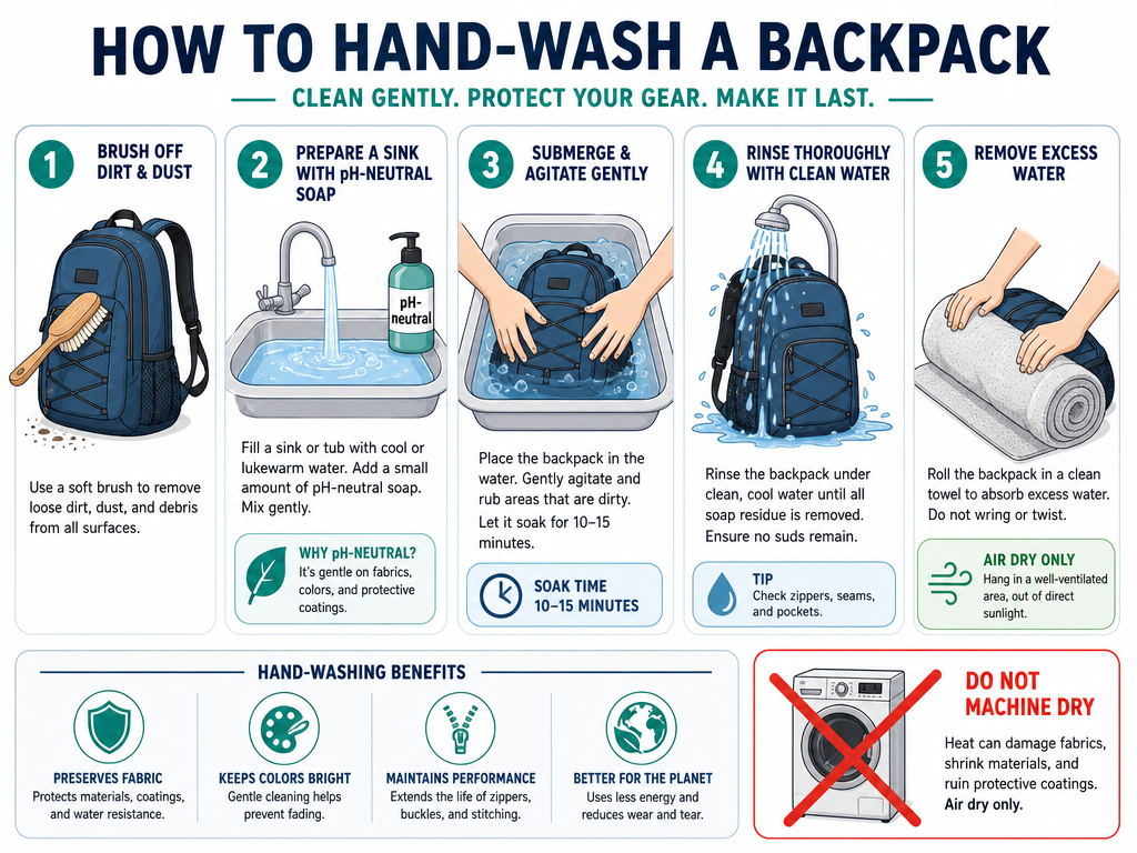 Five-step infographic for hand-washing a backpack, avoiding the dryer.