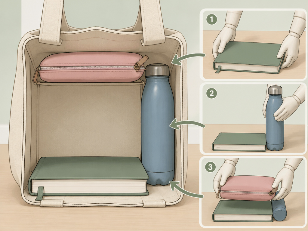 Diagram of the layer-by-layer packing method for a tote bag gift.