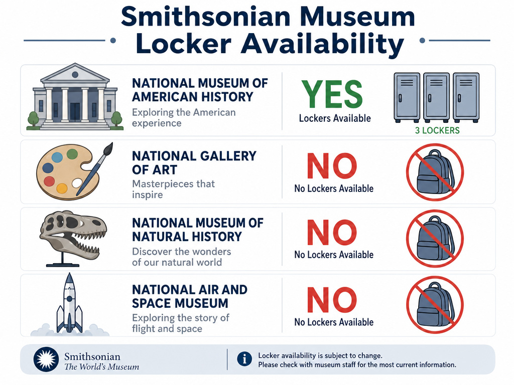 Infographic comparing locker availability at four major Smithsonian museums.