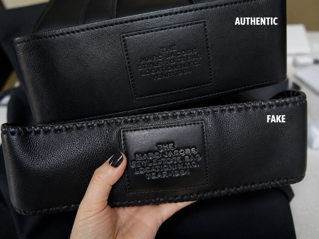 Close-up comparison of authentic versus fake Marc Jacobs tote bag underside stitching.