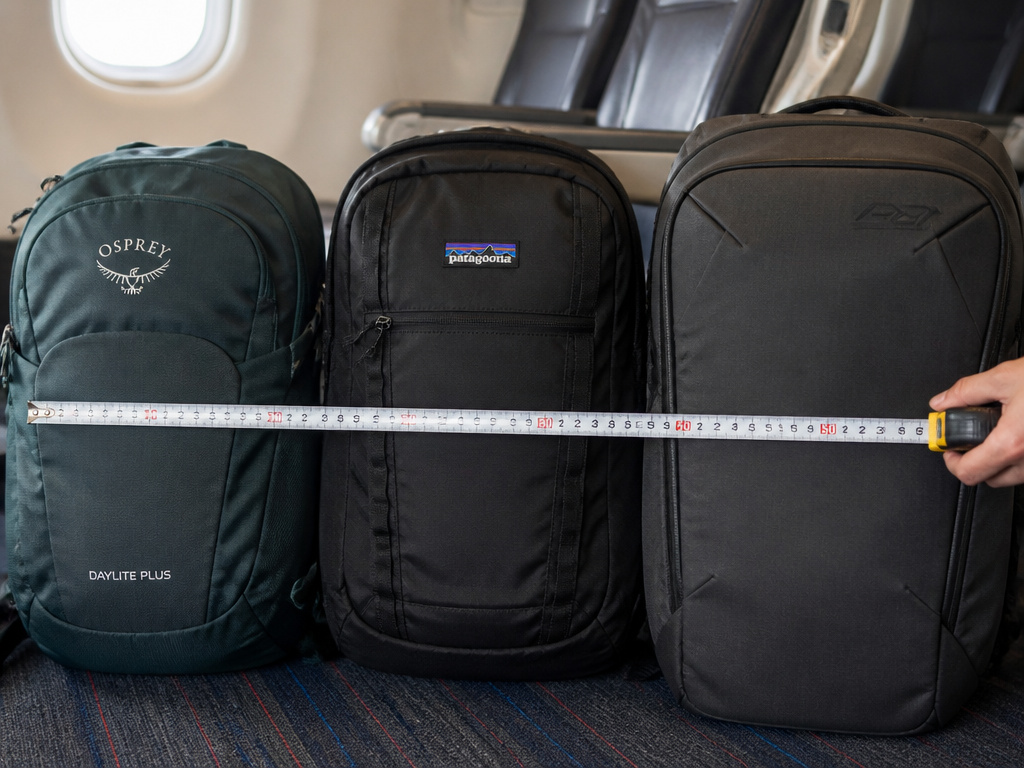 Three carry-on backpacks measured against airline size limits on terminal floor.