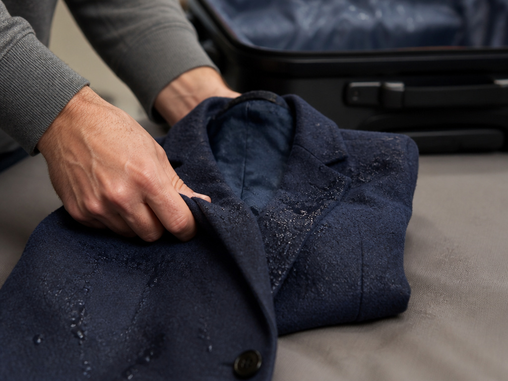 Hands folding a damp sports coat into a suitcase, showing water spots.