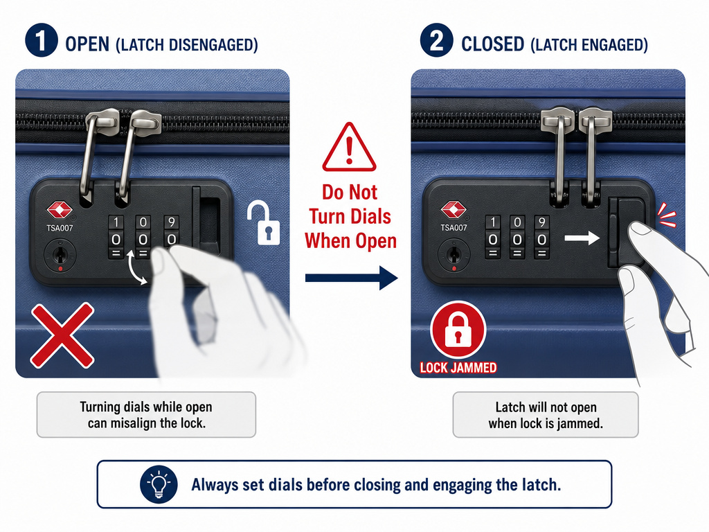 Diagram showing how turning TSA lock dials while open jams the mechanism.