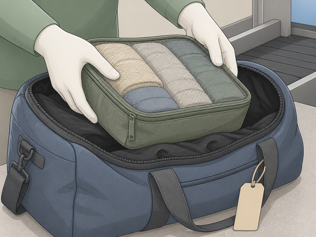 Packing cubes adding structure and organization to a duffle bag for airline check-in.