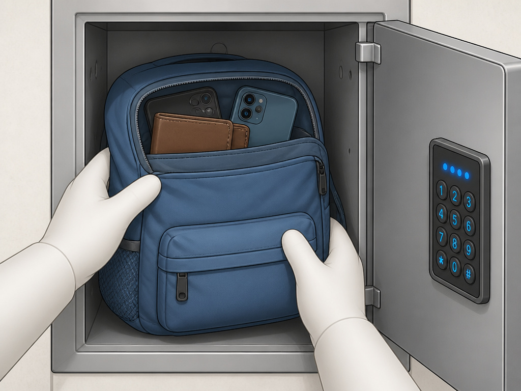 Hands storing a backpack in a small paid locker at Six Flags.