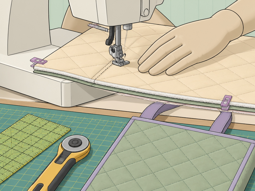 Close-up diagram of quilting a fabric panel for a handmade tote bag