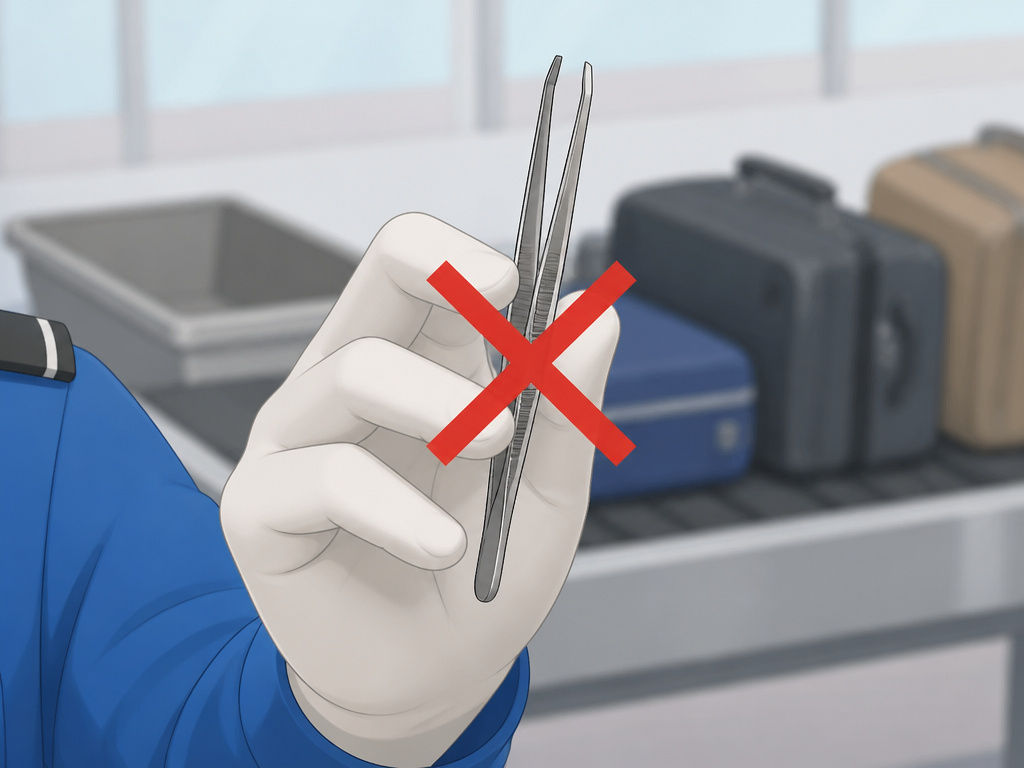 TSA officer using discretion to prohibit tweezers in carry-on luggage.