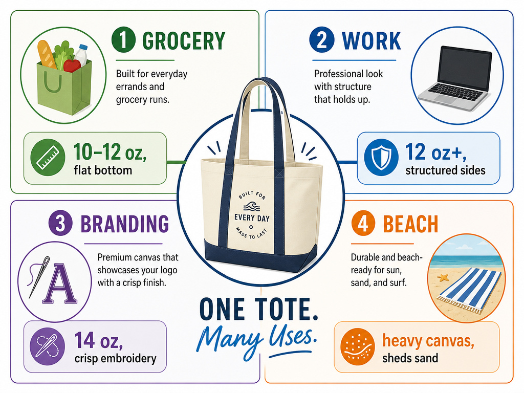 Infographic comparing canvas tote bag specs for groceries, work, branding, and beach use.
