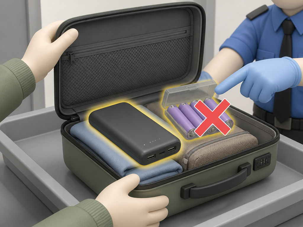 Lithium batteries and power bank prohibited in checked luggage for flight safety.