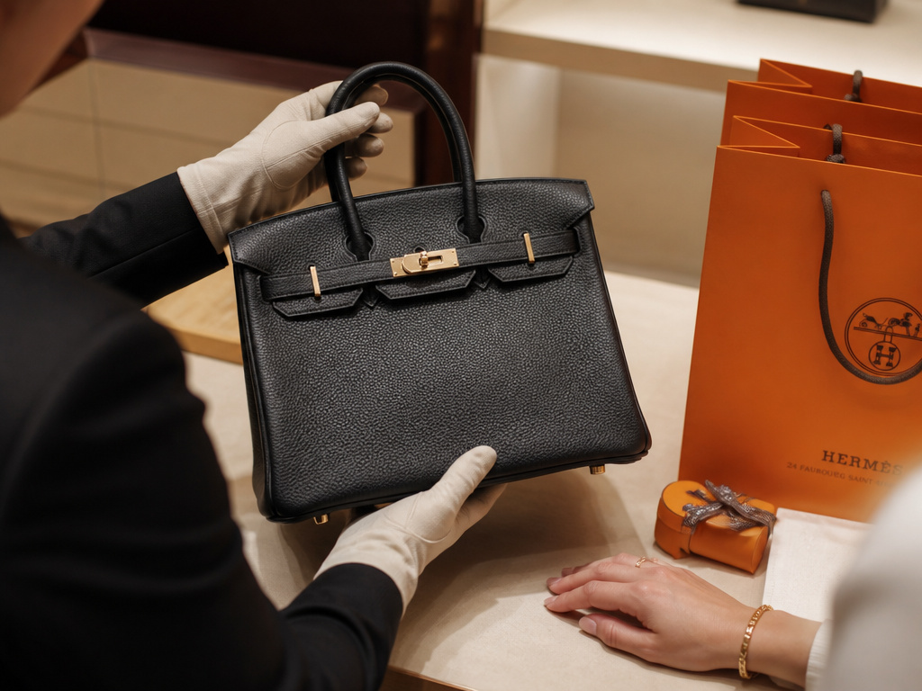 Sales associate presenting a Birkin bag to a client in an Hermès boutique.