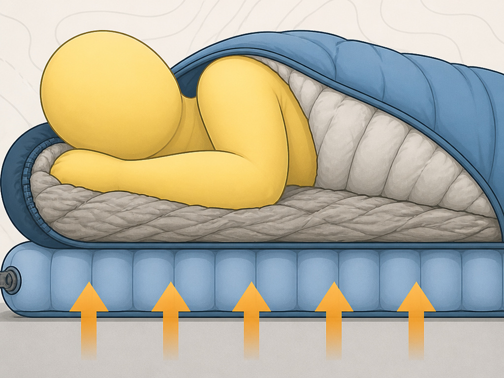 Diagram showing how a sleeping pad's insulation complements a sleeping bag's warmth.