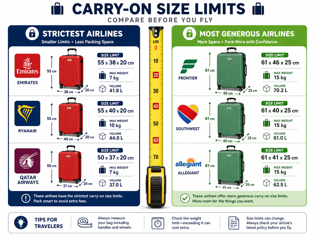 Comparison chart of strictest versus most generous airline carry-on size limits for 2026.