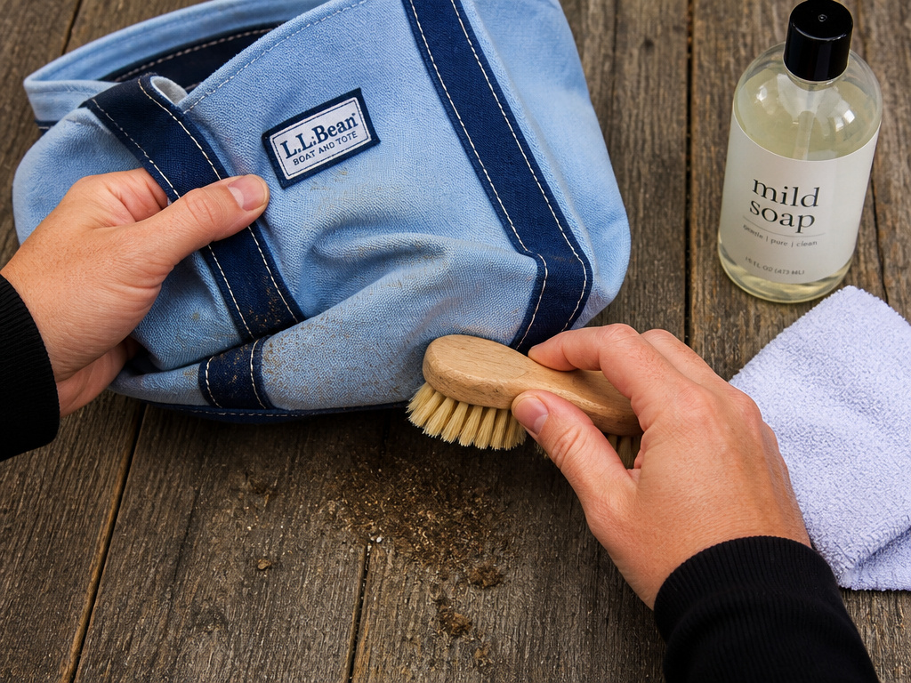 Cleaning an LL Bean Boat and Tote with a soft brush and mild detergent.