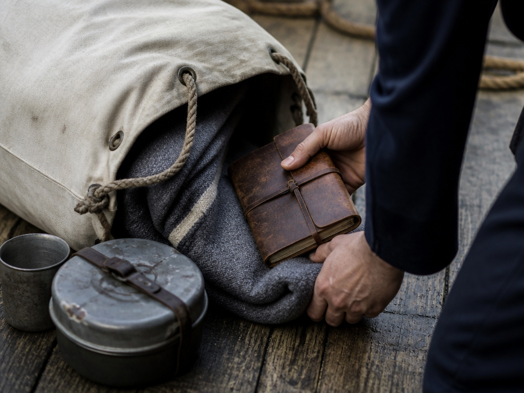 Historical sailor's spilled duffel bag contents on a ship deck.