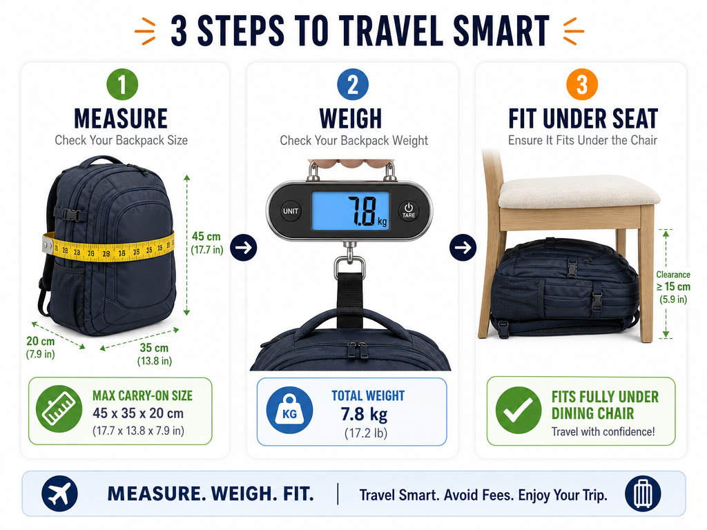 Infographic showing three steps to measure a backpack for airline carry-on compliance