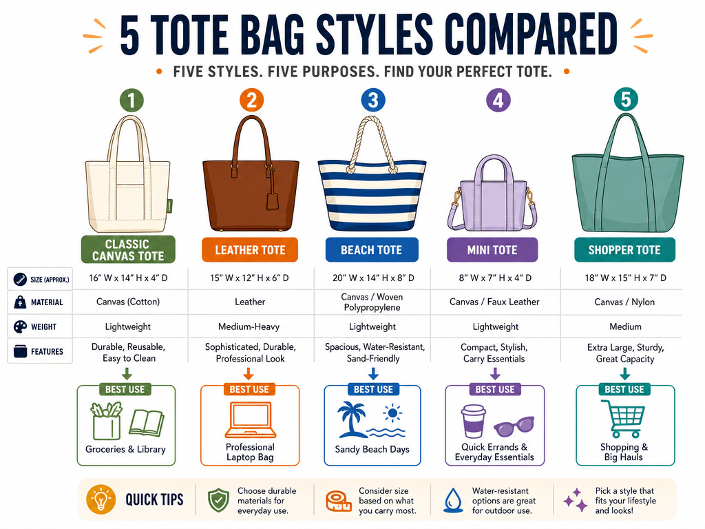 Infographic comparing different tote bag styles and their recommended uses.