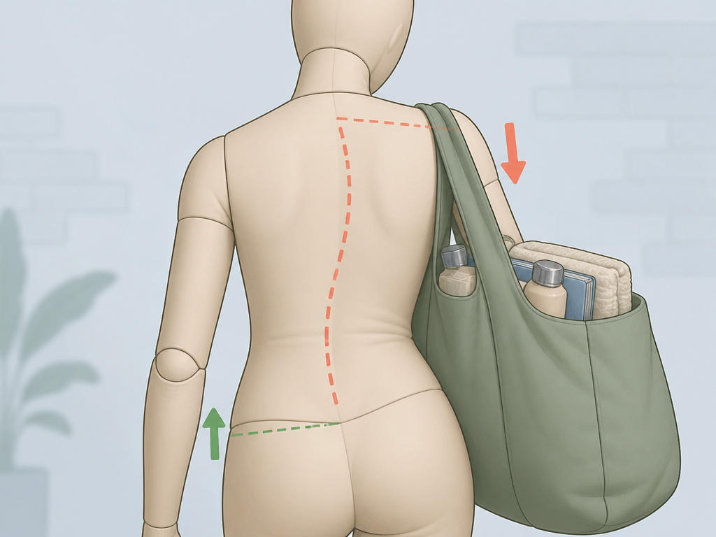 Diagram comparing spinal loading from an asymmetrical tote bag versus a symmetrical backpack.