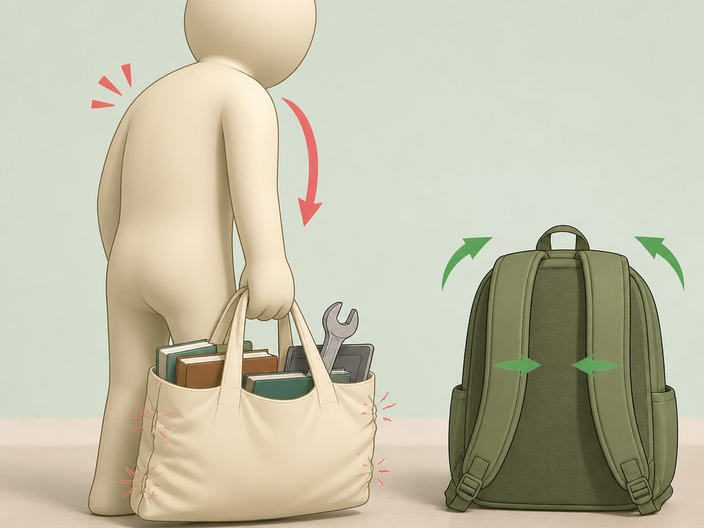 Comparison of tote bag strain versus backpack weight distribution for heavy loads.