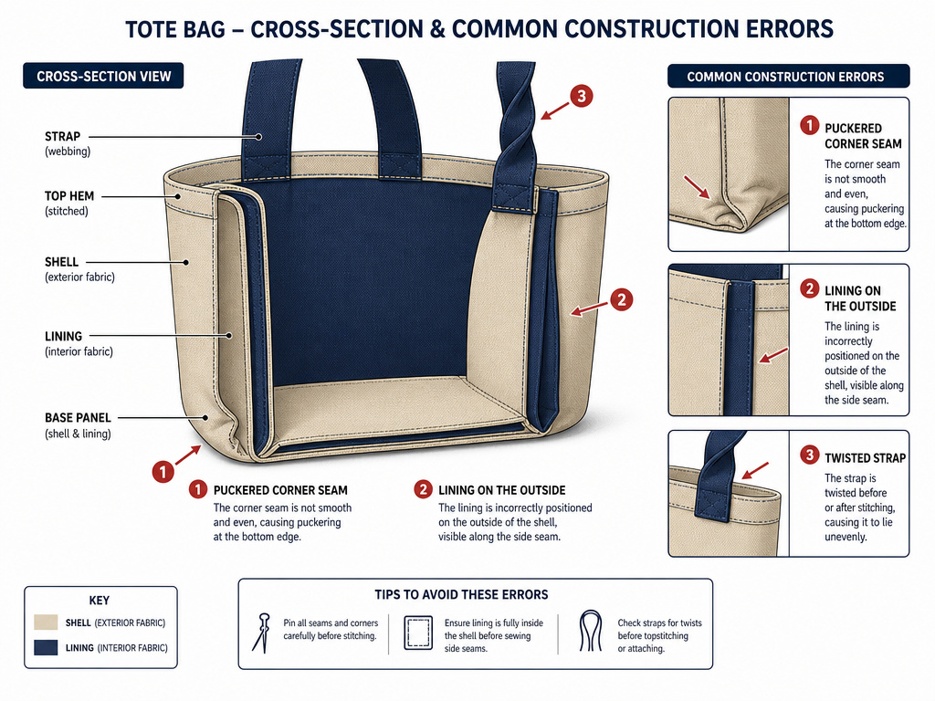 Diagram showing common tote bag sewing errors like puckered corners and twisted straps