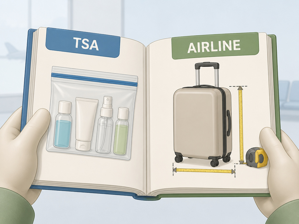 TSA liquid rules versus airline size rules for a carry-on bag.