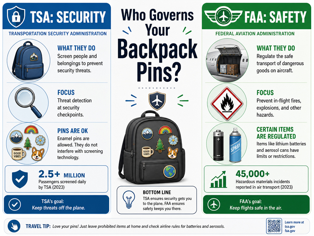 Infographic comparing TSA security rules versus FAA safety rules for carry-on bags.
