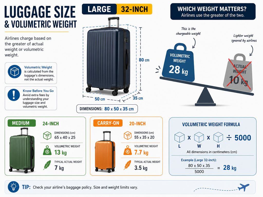 Infographic comparing suitcase sizes and volumetric weight pricing for shipping.