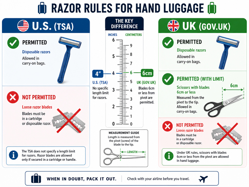 Comparison chart of TSA and UK hand luggage rules for razors and blade length.