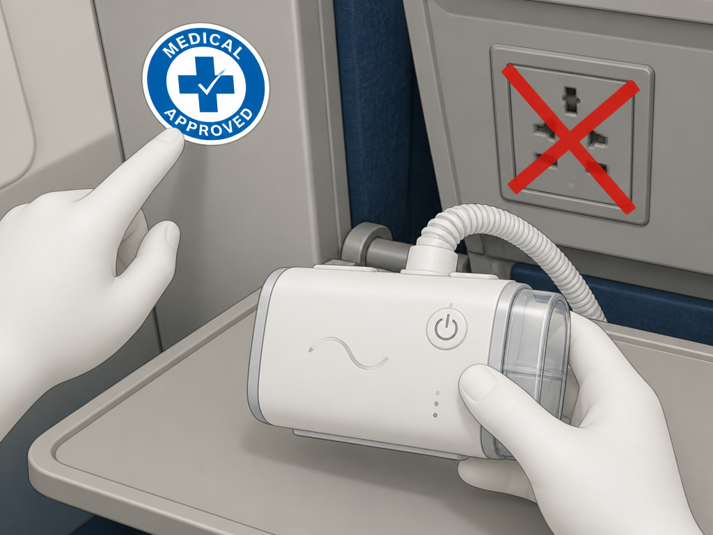 Cartoon of CPAP machine on airplane tray with medical power approval sticker