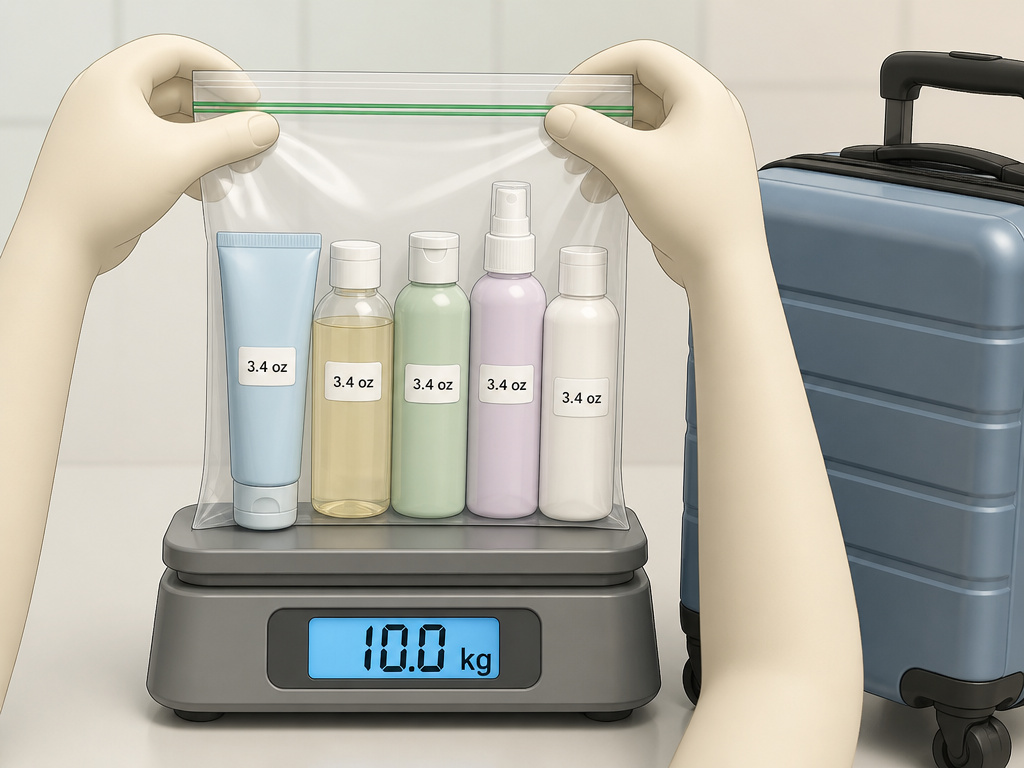 Carry-on bag weight limit and TSA 3-1-1 liquid rule compliance diagram.