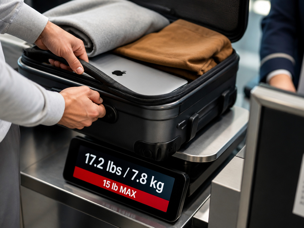Carry-on bag being weighed on a scale at the gate, showing overweight luggage.