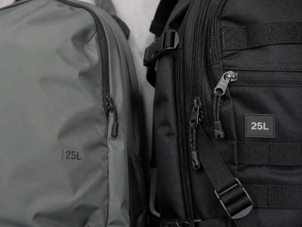 Comparison of lightweight versus heavy-duty 25L backpack materials and construction.