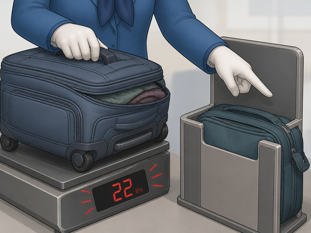 Gate agent weighing heavy carry-on luggage and checking bin fit compliance