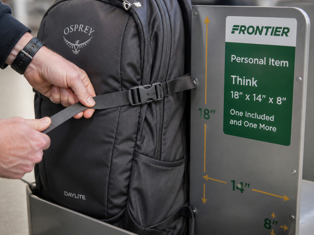 Osprey backpack with compression straps next to Frontier airline sizer box