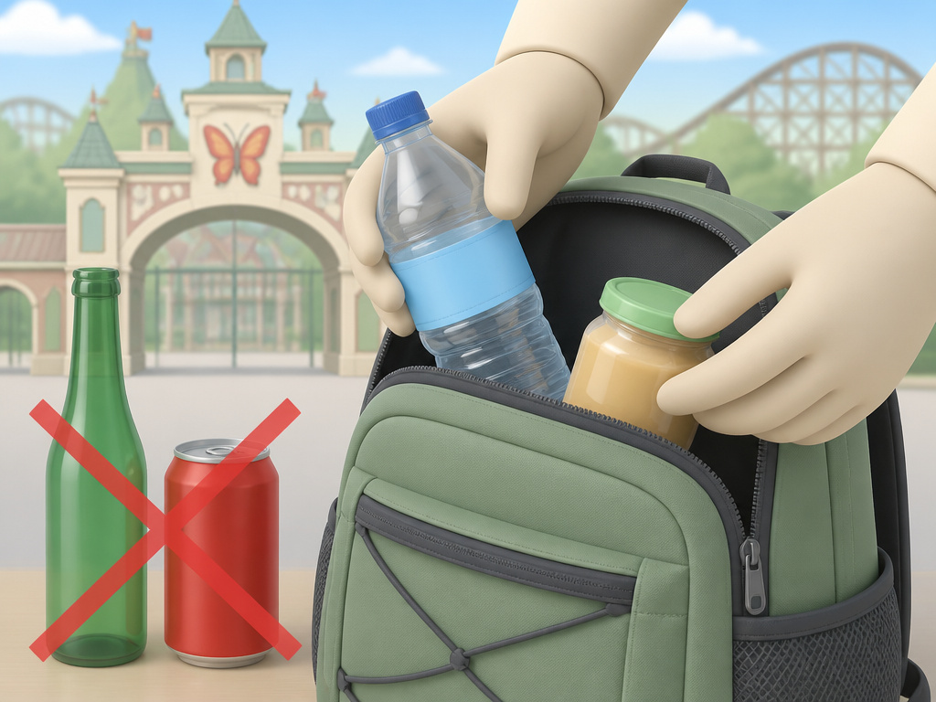 Packing allowed and prohibited items into a backpack for Dollywood security check.