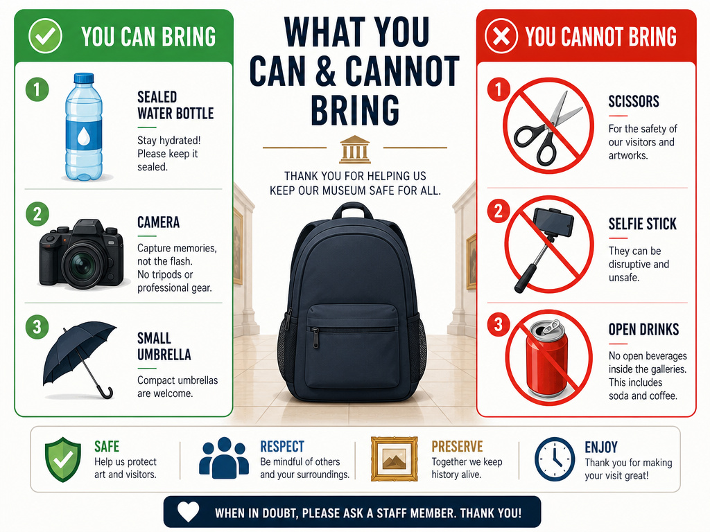 Infographic showing permitted and prohibited items for Smithsonian backpacks