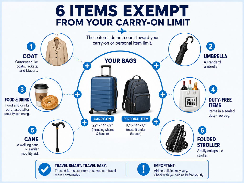 Infographic showing items not counted as carry-on luggage like coats and umbrellas.