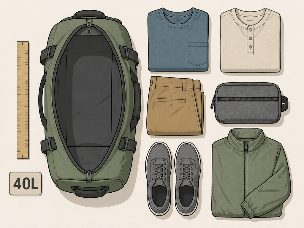 40-liter duffel bag capacity shown with weekend trip packing items.