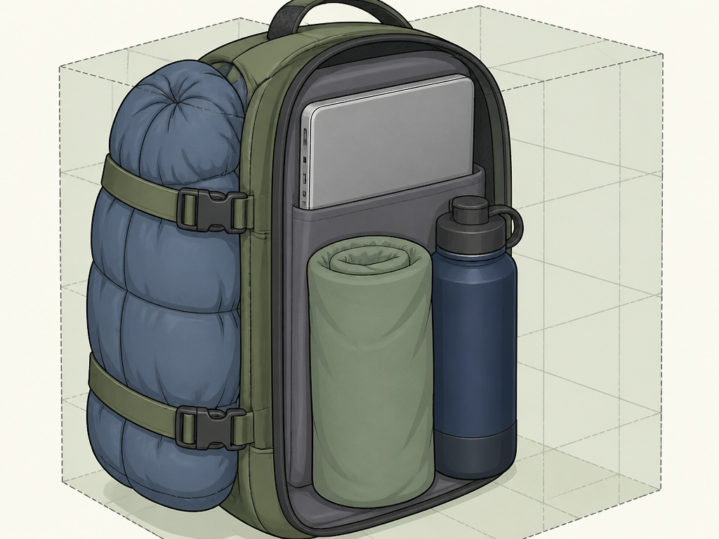 Cross-section diagram showing what fits inside a 22-liter daypack.
