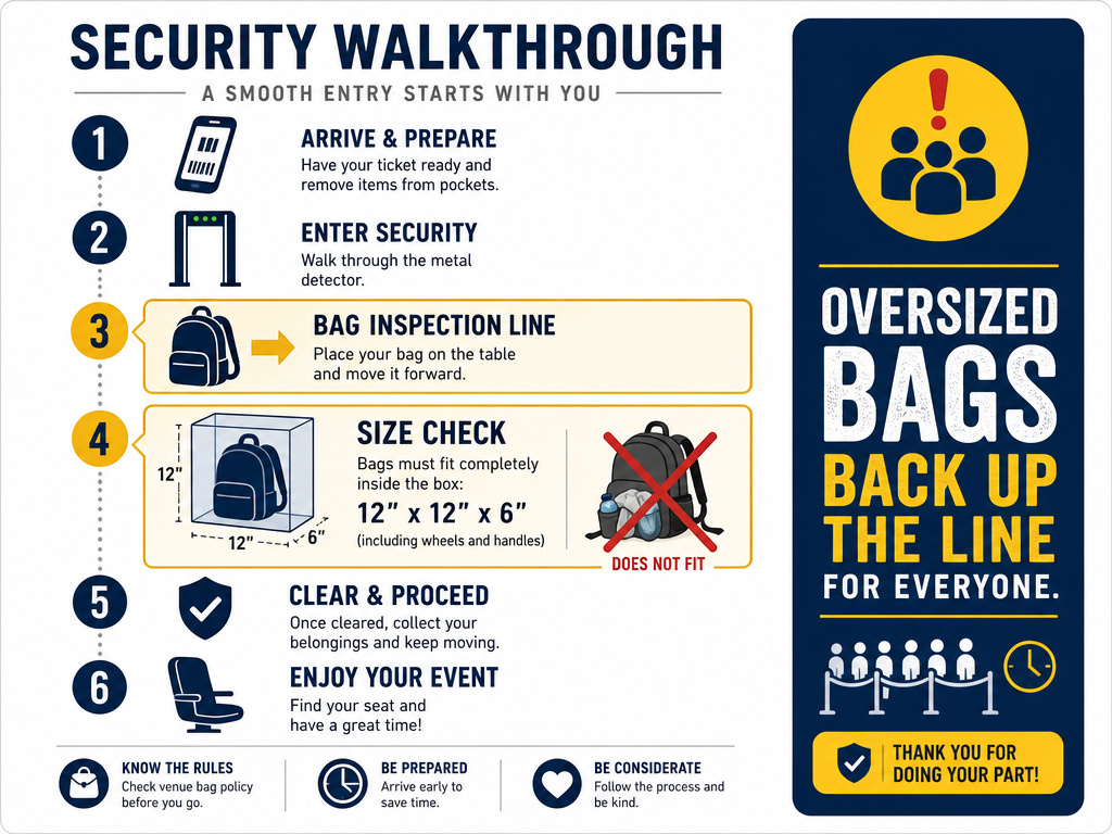 Radio City Music Hall backpack security process infographic with measuring box step.
