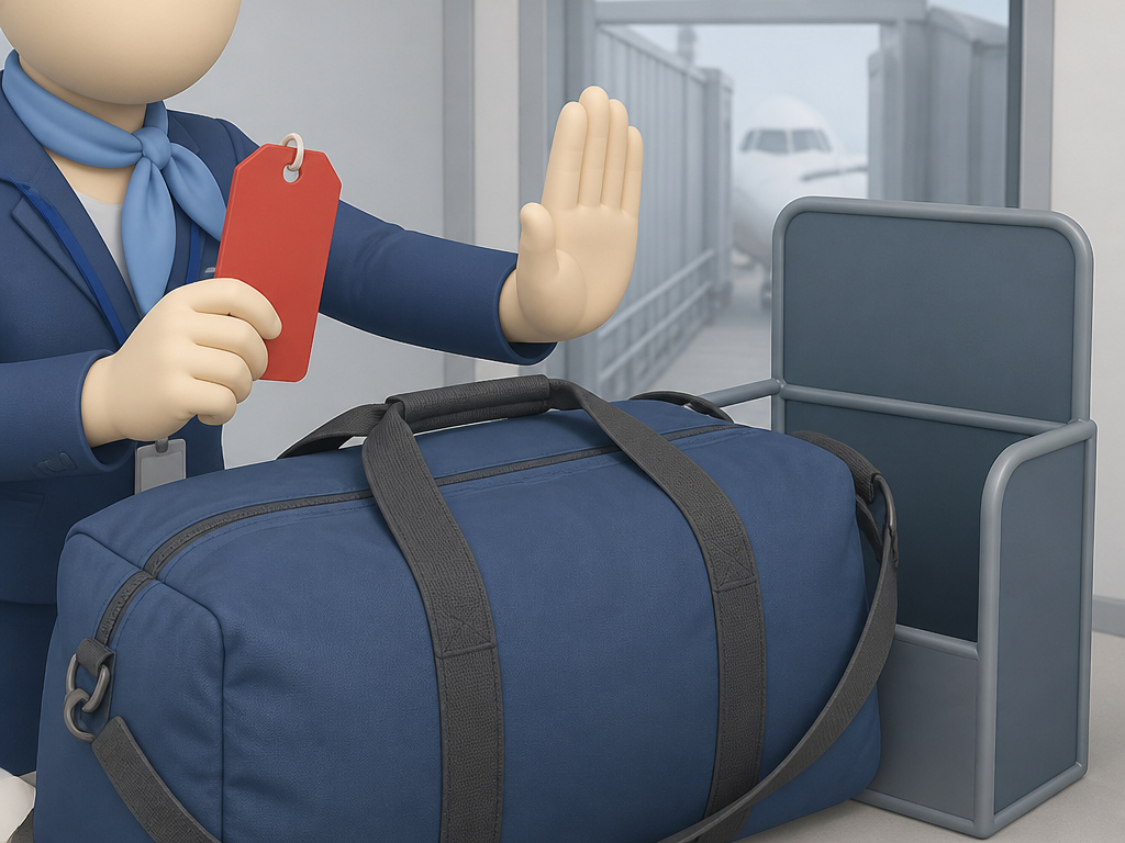 Airline agent stopping an oversized duffel bag at the gate for American Airlines carry-on.