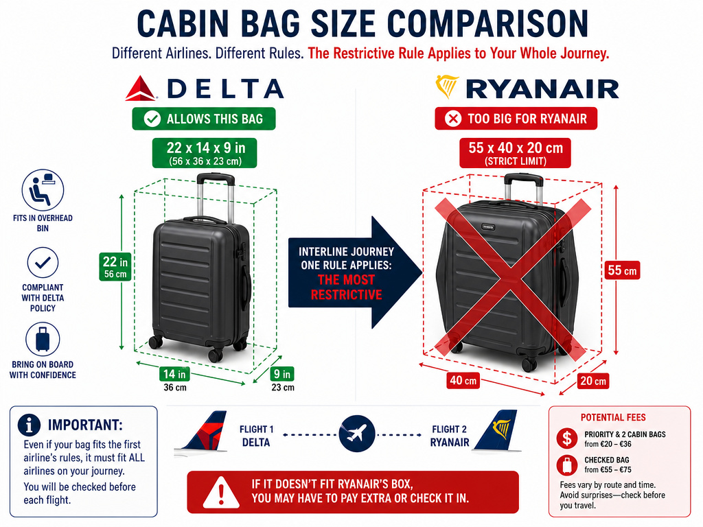 Infographic comparing airline cabin bag size limits for interline flights